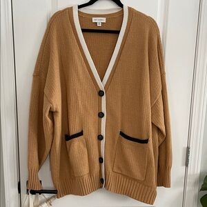 Tan Cardigan with Contrast Trim